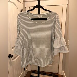 Umgee Size Small Light Green Striped Ruffle Sleeve Women's Top Oversized